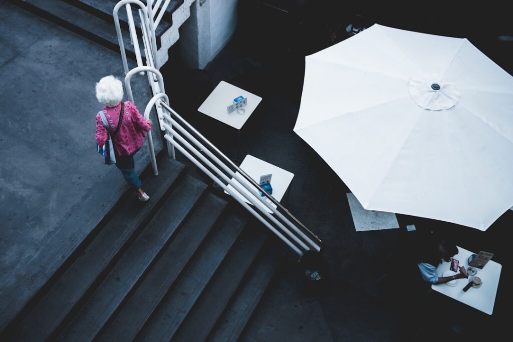 woman walking on stairs